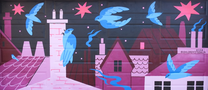 street art mural on garage door in Miriam Garfinkle Lane, by Julia Pereira, night scene in city, with birds flying around