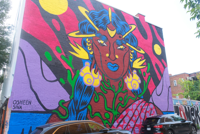 portrait by Osheen Siva, mural in Montreal, brown person with long blue hair, green lines on neck and shoulder, blue lips,